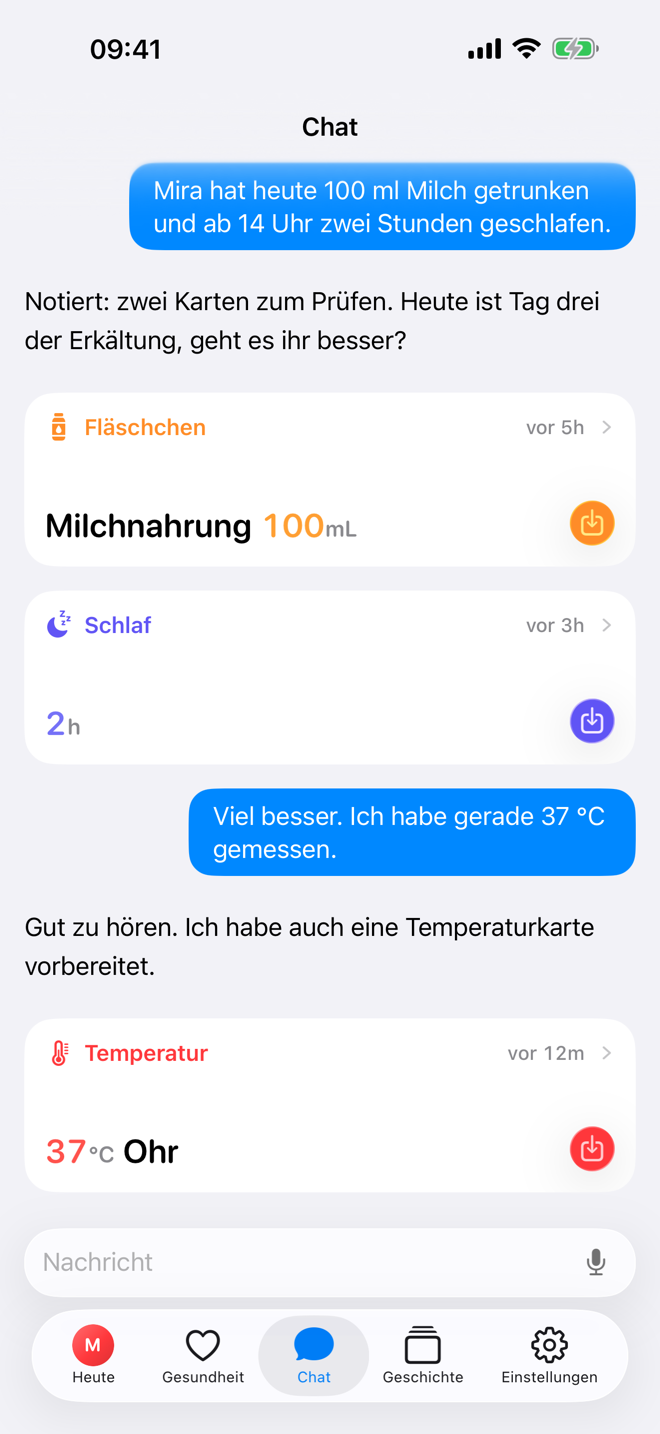 Chat-Bildschirm mit einer vorgeschlagenen Eintragskarte in Bear Days.