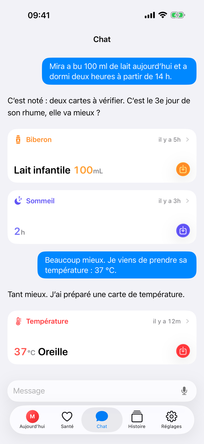 Écran Chat avec une fiche de soin suggérée dans Bear Days.