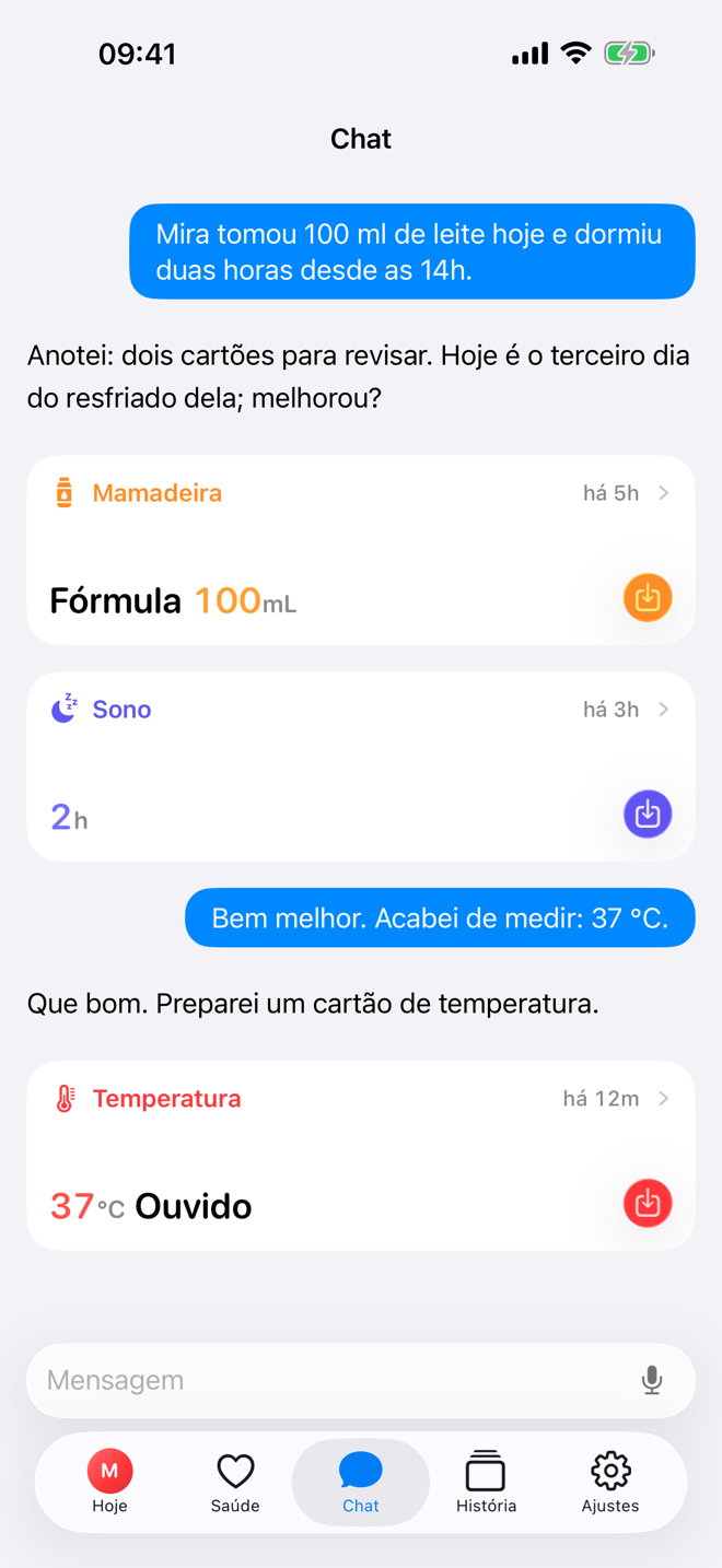 Tela Chat com um cartão de registro sugerido no Bear Days.