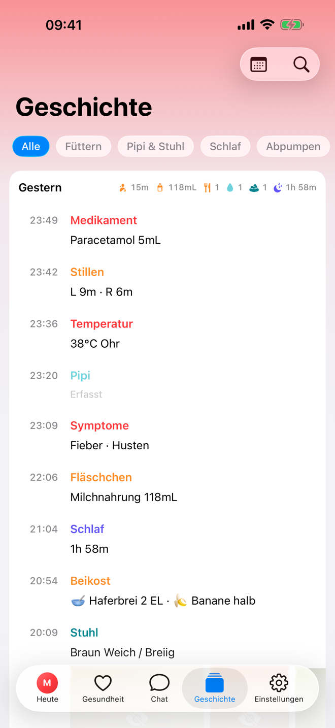 Geschichte-Bildschirm mit chronologischer Pflege-Zeitleiste.
