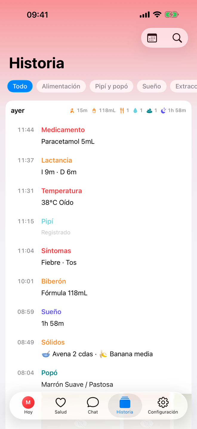 Pantalla Historia con una línea de tiempo cronológica.