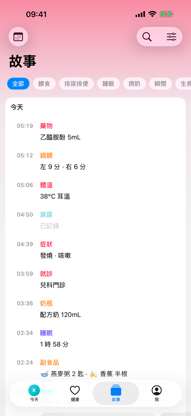 故事畫面，顯示依時間排列的照護紀錄。