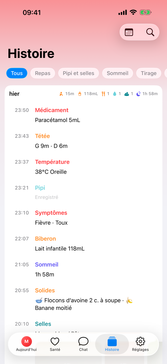 Écran Histoire montrant une chronologie de soins.