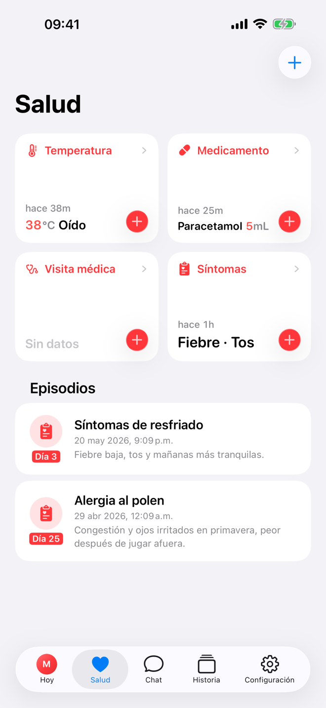 Pantalla Salud con registros rápidos y un episodio de enfermedad activo.