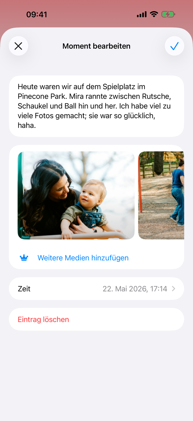 Moment-Eintrag mit Fotos und Notiz.