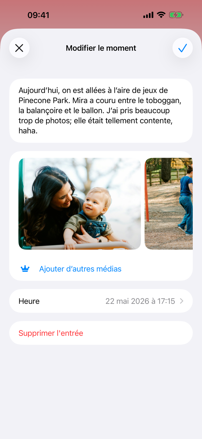 Fiche Moment avec photos et note.
